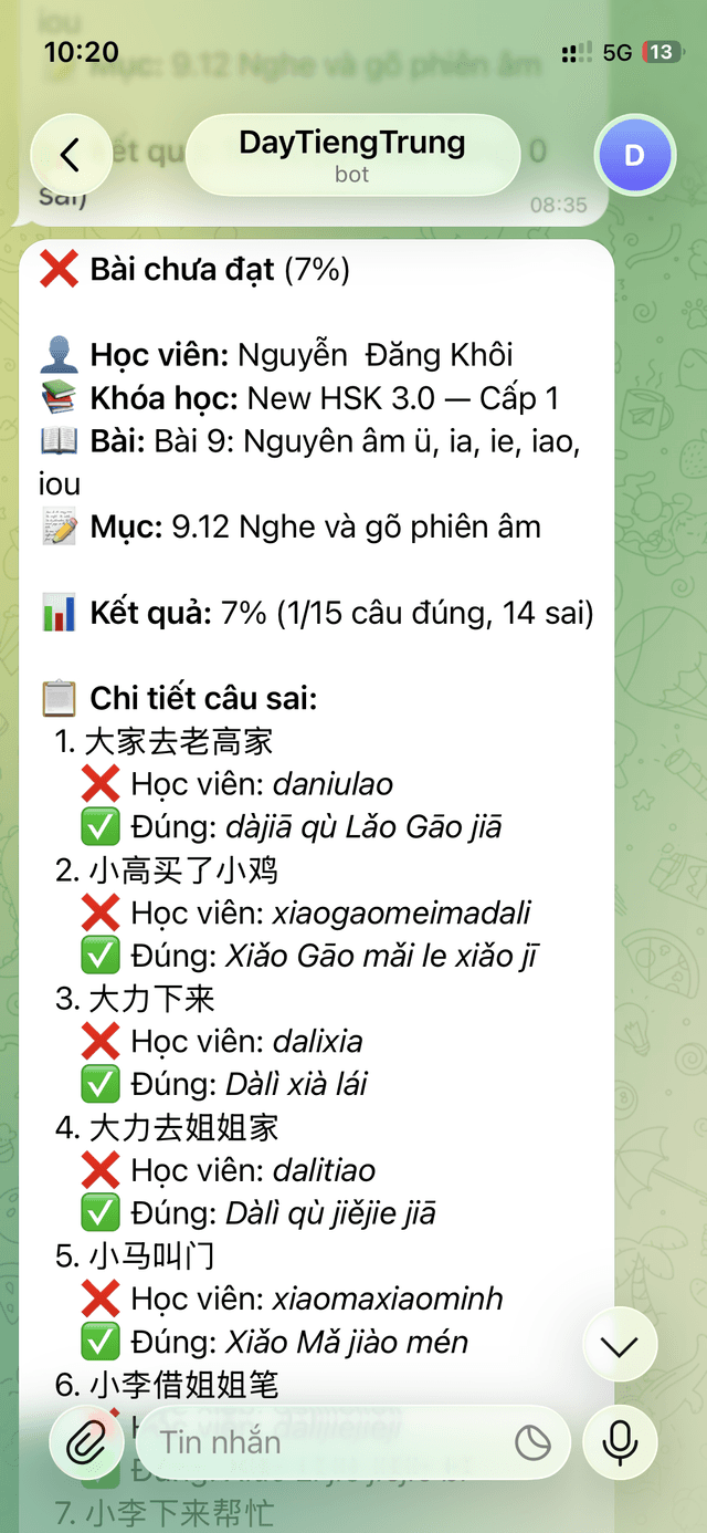 Báo cáo kết quả học tự động gửi cho phụ huynh qua Telegram